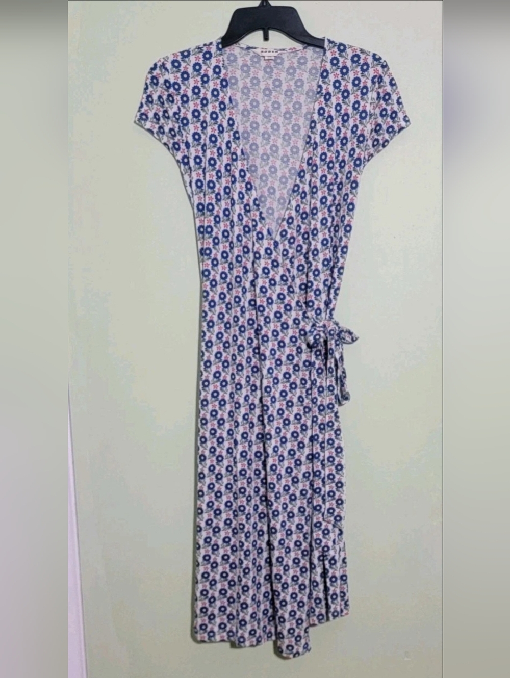 Boden Joanna Cap Sleeve Wrap Dress Long Blue White Floral Print Jersey Preppy 4P